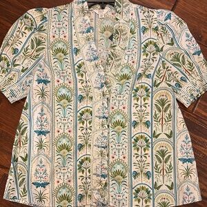crown & ivy Cream Blouse with Green and Blue Floral Stripe Print